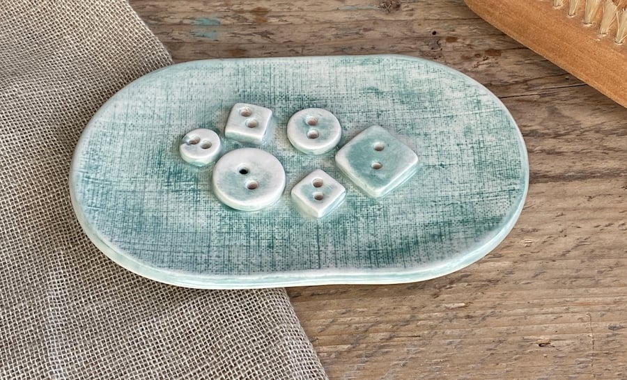 Soap Dish handmade ceramic dish button design in Green