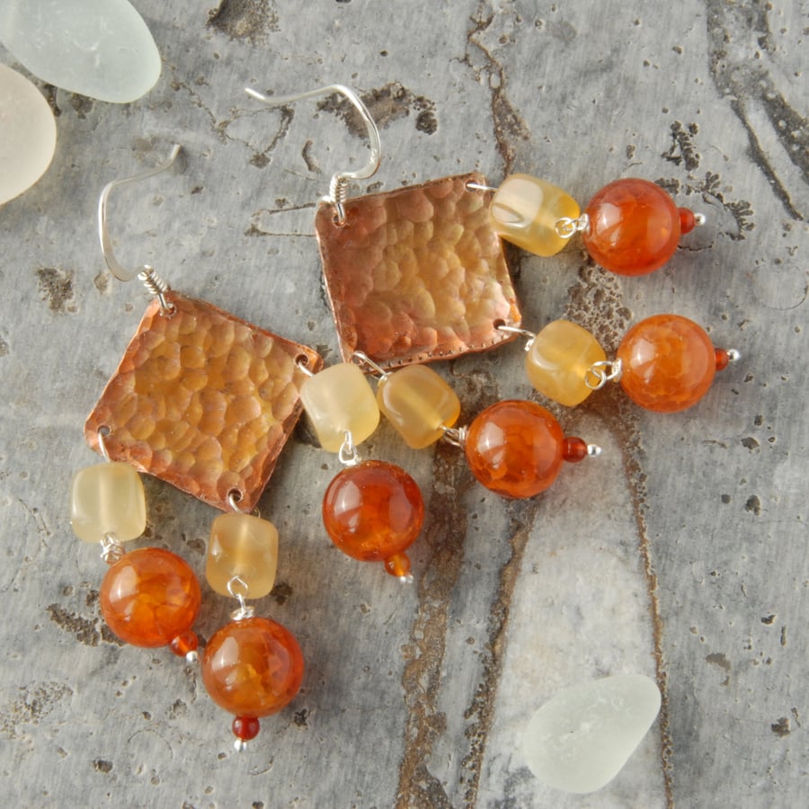 SALE - Copper, cracked agate and carnelian fringed earrings