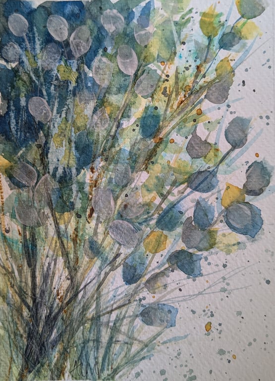 Blue and gold wild flowers, framed original watercolour painting 