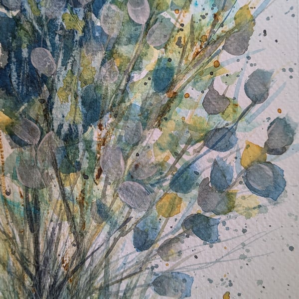 Blue and gold wild flowers, framed original watercolour painting 