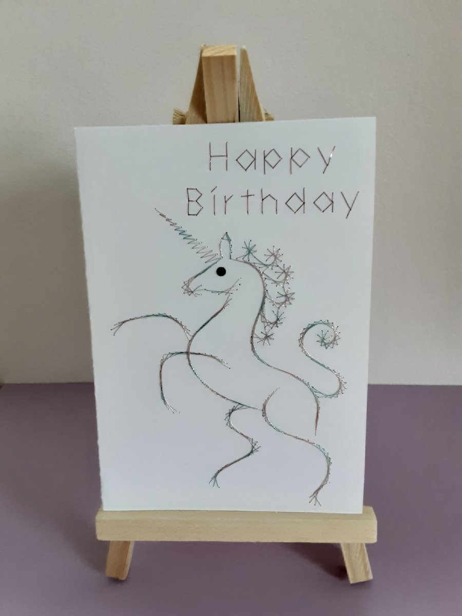 Happy Birthday Unicorn Hand Embroidered Card.