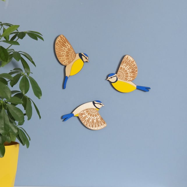 Folk Art Inspired Wooden Flying Blue Tits - Wall decor Hangings