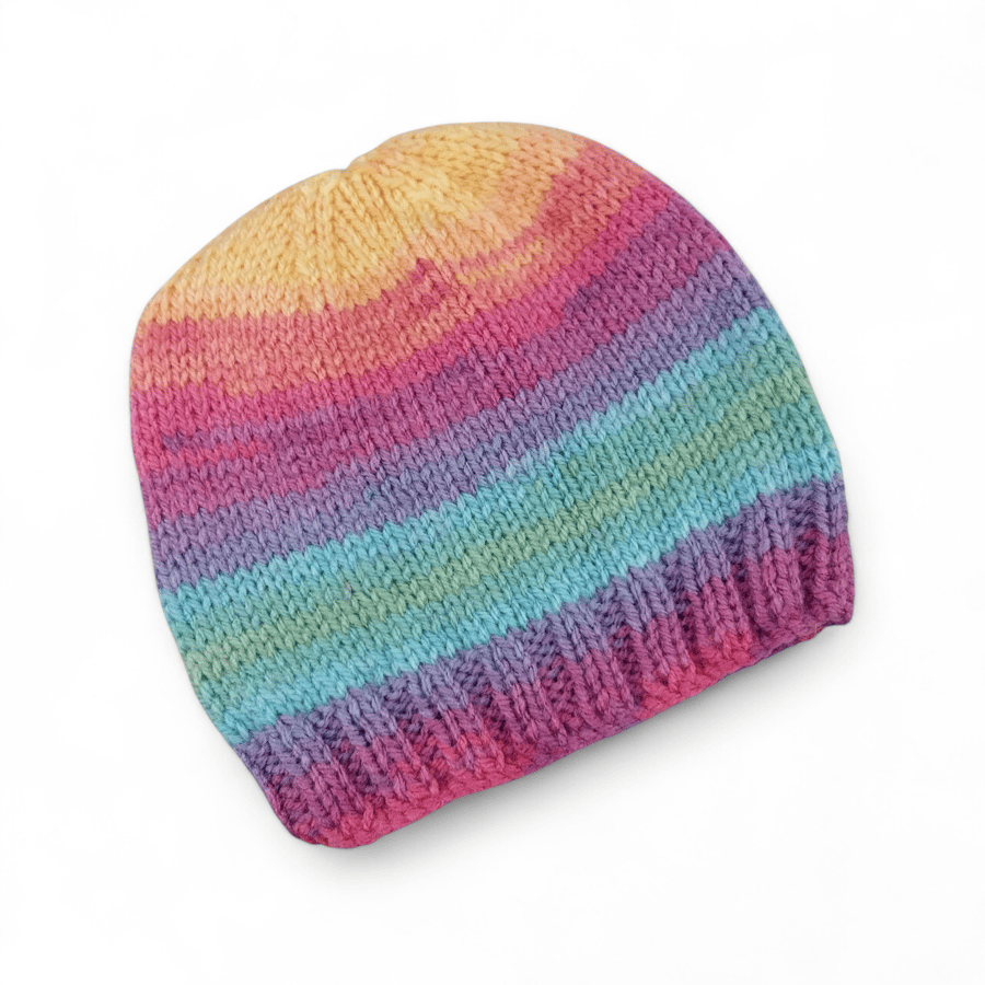 Multicoloured Hand Knitted Baby Hat for Winter, Rainbow 0-3 Months 