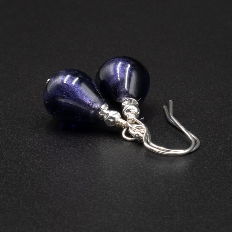 Murano midnight blue sterling silver and Venetian glass small teardrop earrings