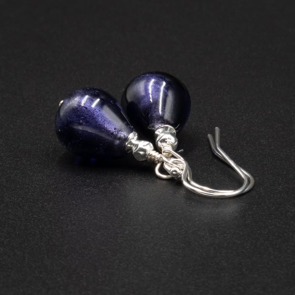 Murano midnight blue sterling silver and Venetian glass small teardrop earrings