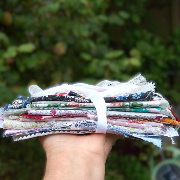 Upcycled slow stitching kit includes fabric,  lace, ribbon