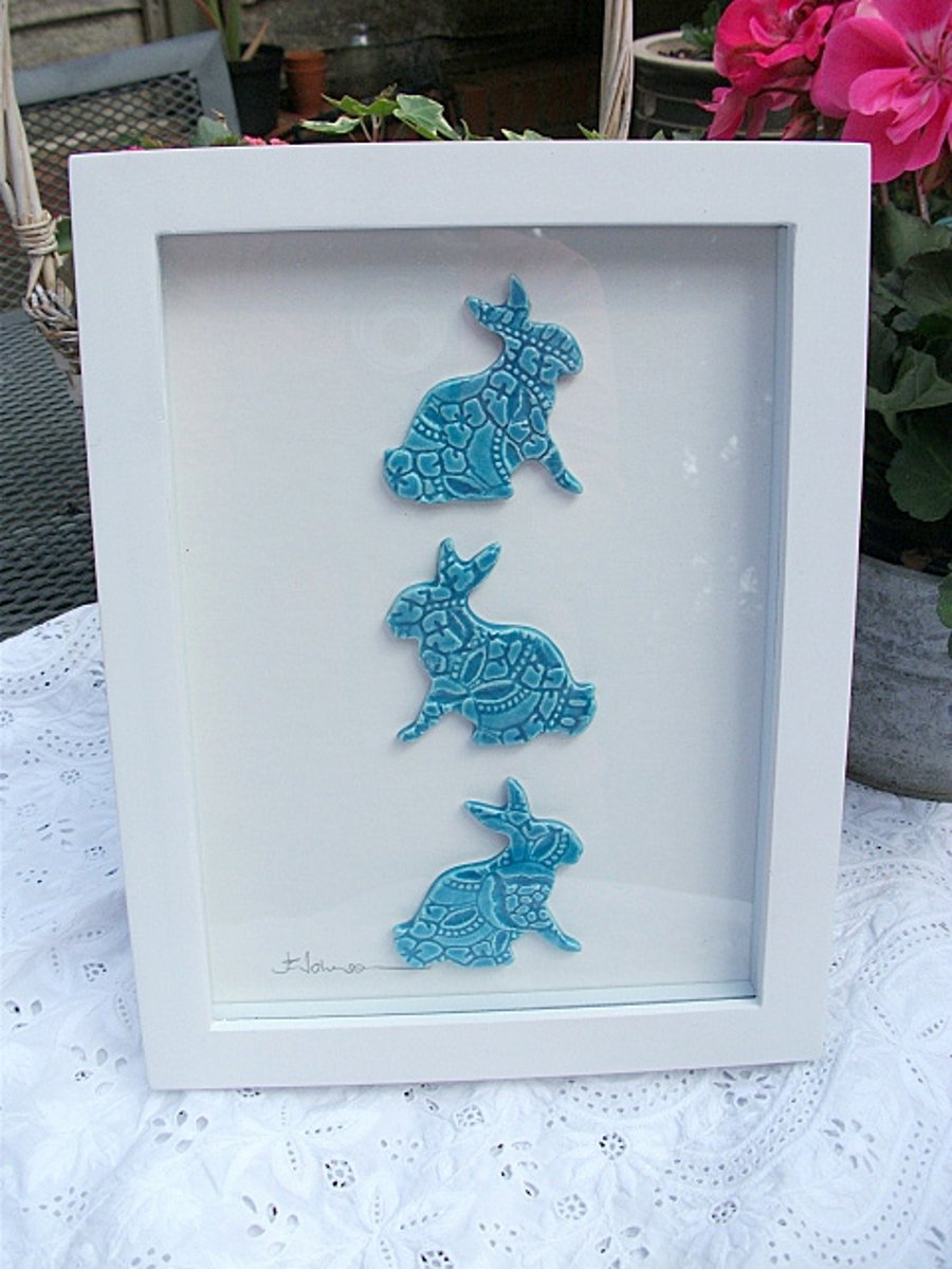  Sale - Easter Bunnies Ceramic 3 rabbits imprinted with vintage lace picture  