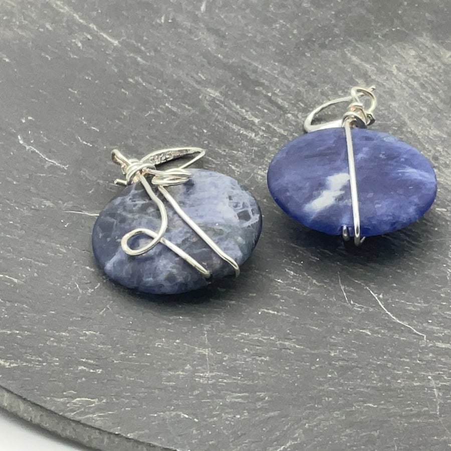 Silky sodalite mottled blue disc earrings