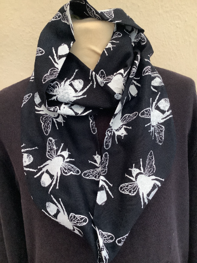 Black and white bee print, designer scarf, hand printed,cotton blend scarf, gift