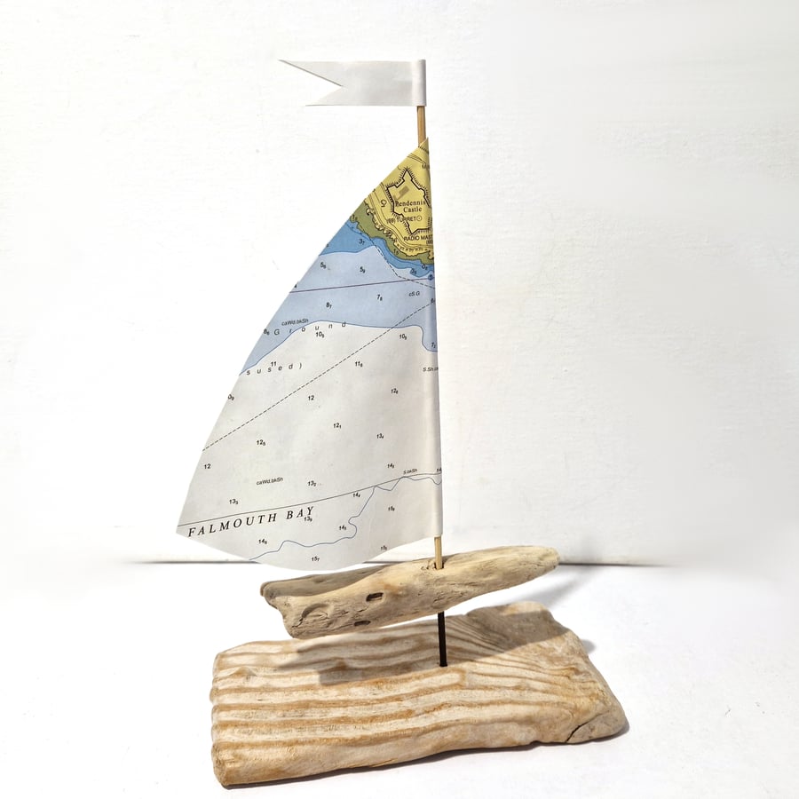 Cornwall - Falmouth Bay driftwood sailboat ornament, authentic nautical map sail