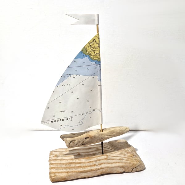 Cornwall - Falmouth Bay driftwood sailboat ornament, authentic nautical map sail
