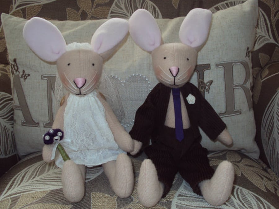 Natural Wool Bride & Groom Bunny Rabbits. Can be personalised