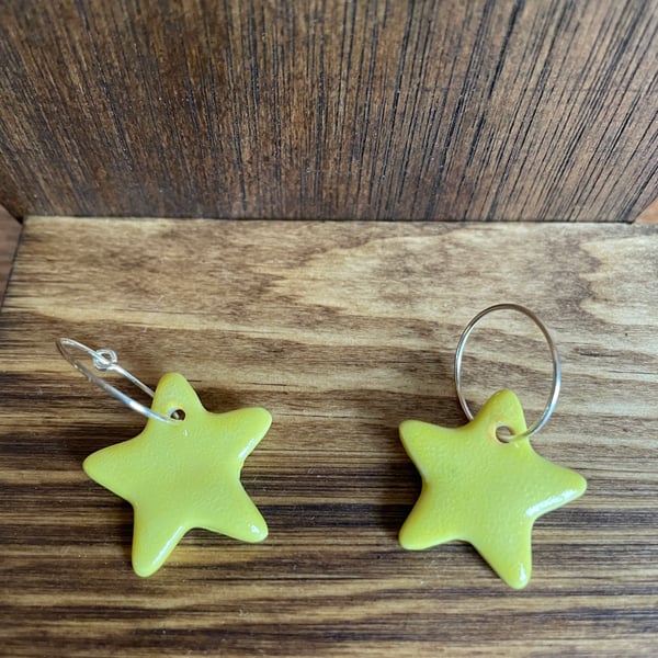 NEW!  Yellow star earrings on sterling silver hoops