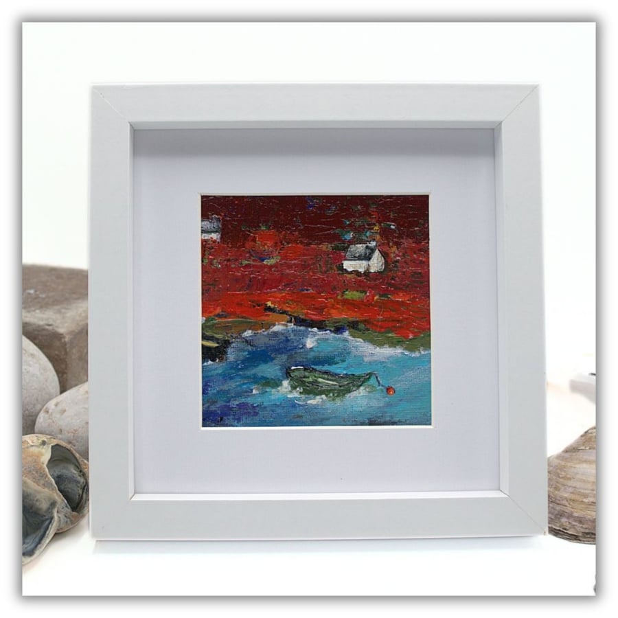 Cottages and a boat at the coast - Scotland - acrylic on canvas - framed