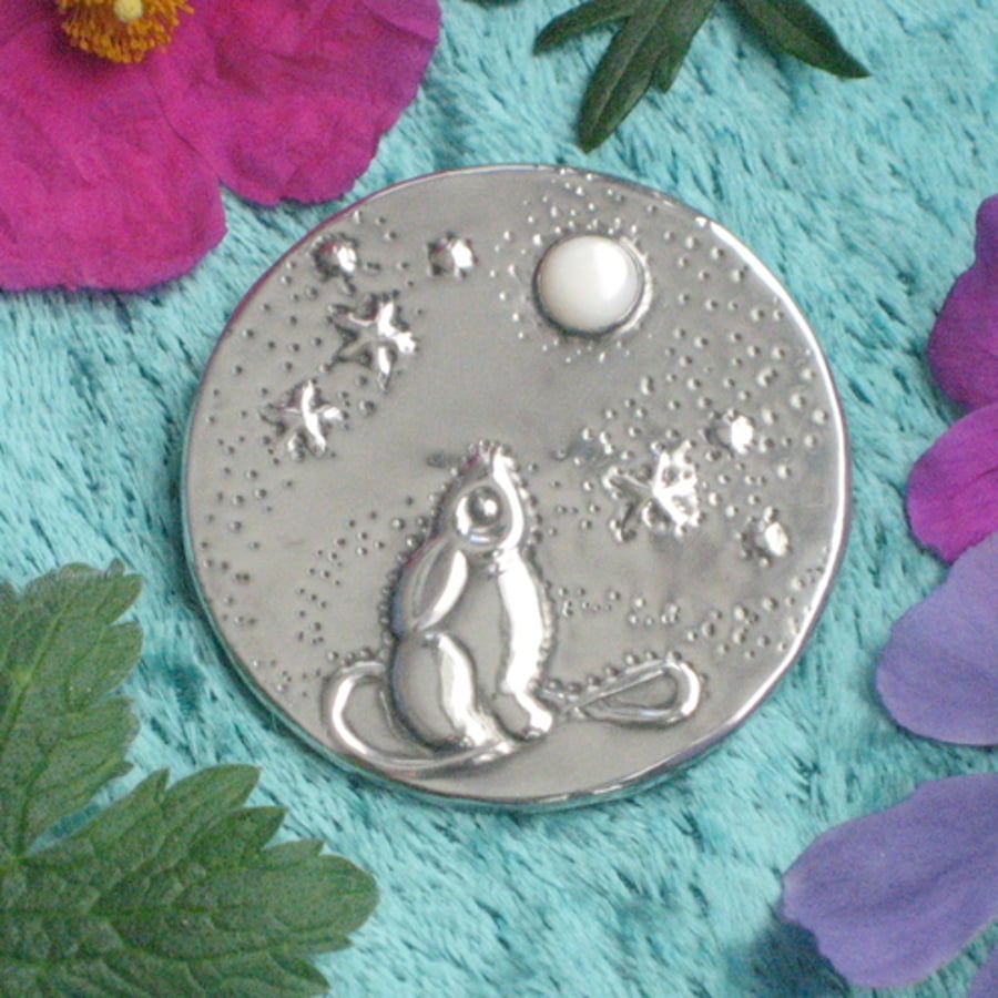 Pewter moongazing hare with mother-of-pearl