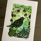 Bird and botanicals print, green and black decor, boho, bird lovers gift