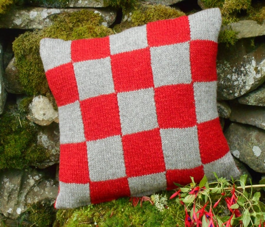 Shetland wool knitted cushion red grey hand-knit squares pillow cover 