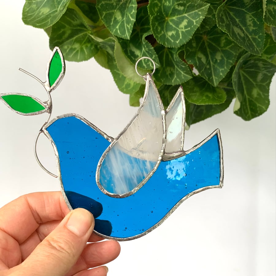 Stained Glass Dove Suncatcher - Hand Made Hanging Decoration - Turquoise 