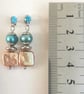 Blue oval & golden square cultured pearl, dangle earrings, cubic zirconia stud - Image 4
