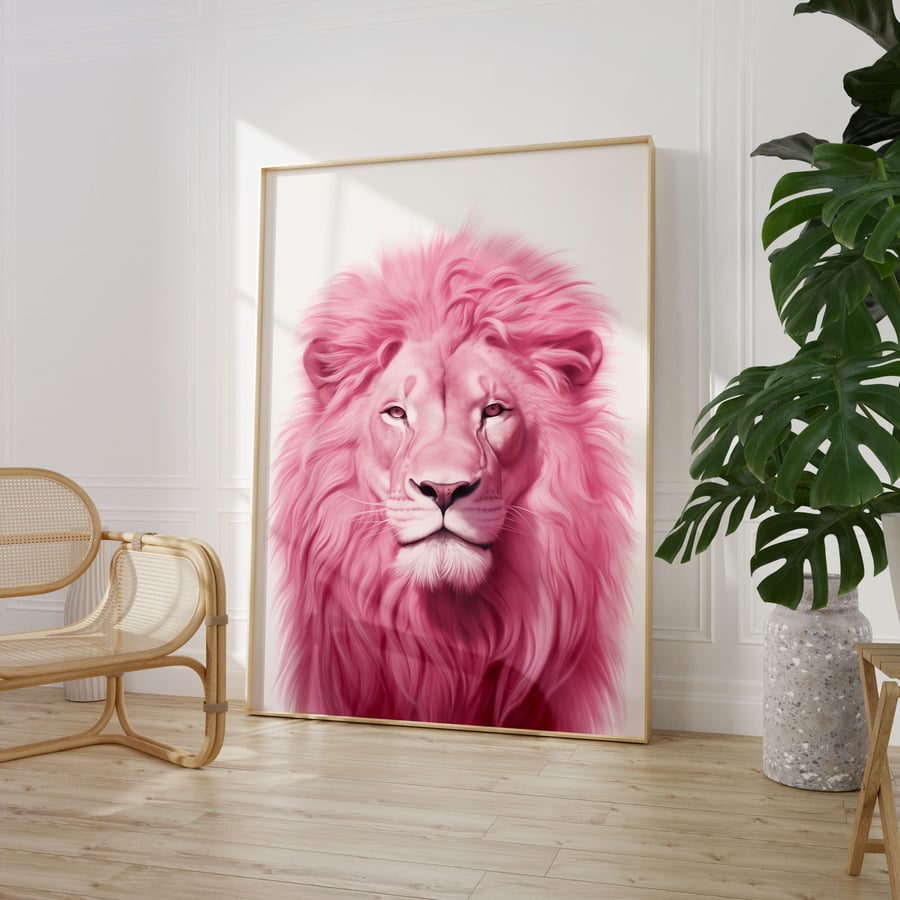 Pink Lion Print -Poster Wall Art - Home Decor Unframed 9062