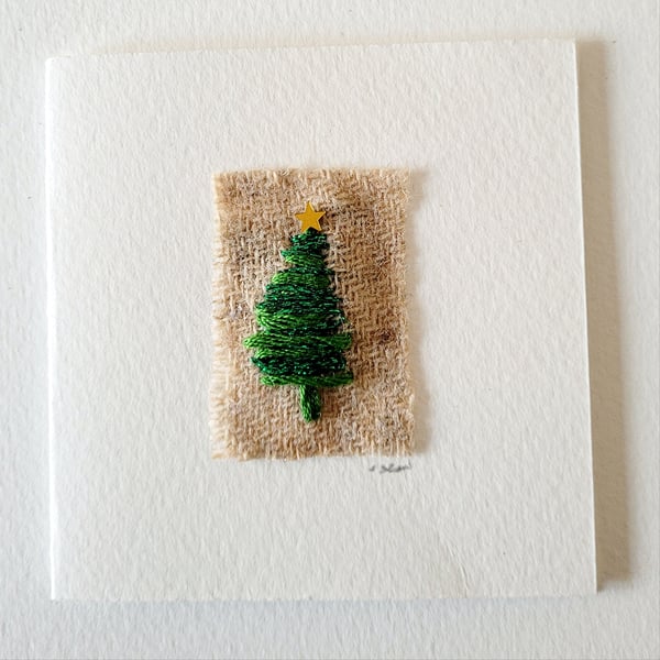 Handmade Embroidered 'Metallic Green Tree' Christmas Greeting Card