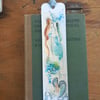 Mermaid bookmark.Hand drawn and painted bookmark with silk ribbon '