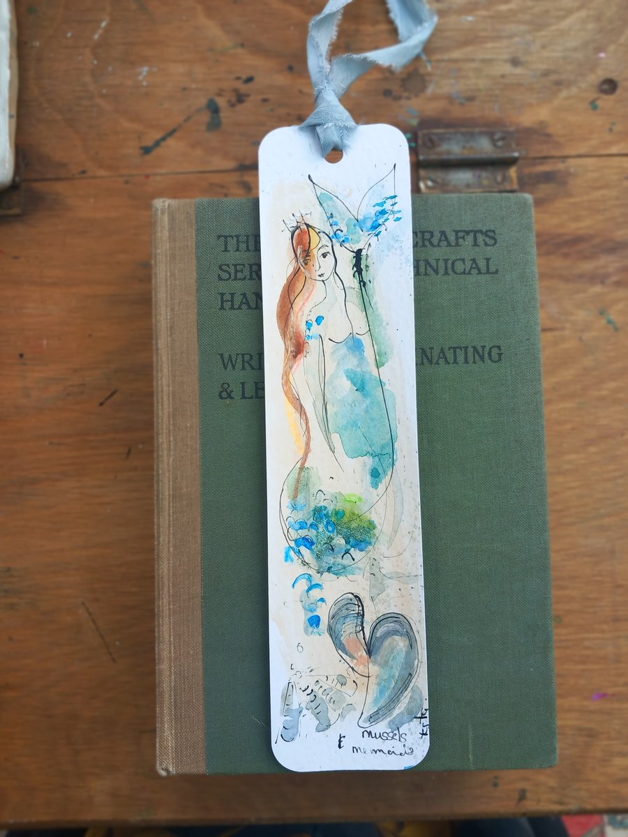 Mermaid bookmark.Hand drawn and painted bookmark with silk ribbon '