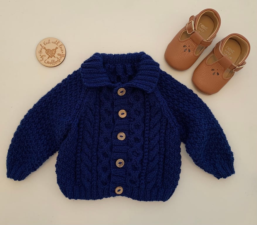 Made To Order Handknitted Cable Baby or Child Cardigan 6 sizes. Any colour.