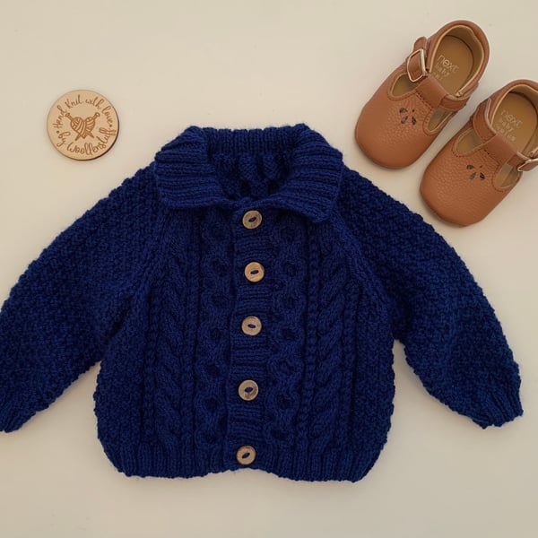 Made To Order Handknitted Cable Baby or Child Cardigan 6 sizes. Any colour.