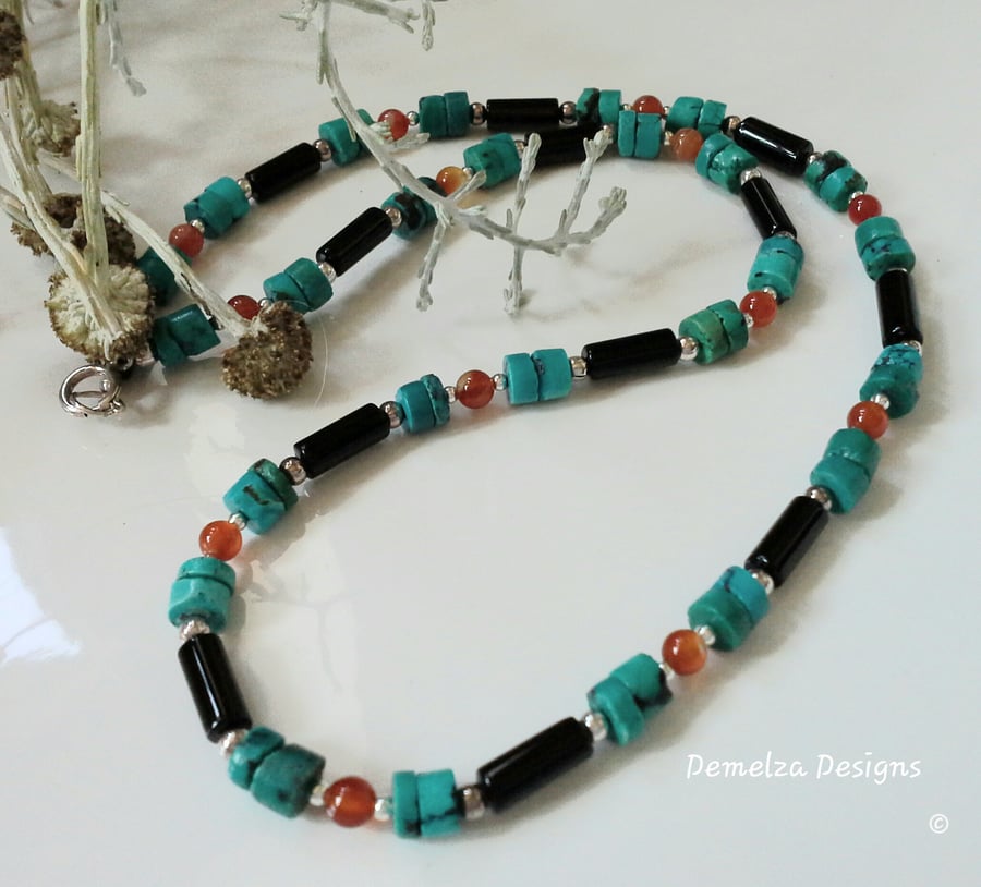 Striking Black Onyx,  Turquoise & Carnelian Sterling Silver Necklace ONE OFF