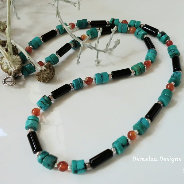 Striking Black Onyx,  Turquoise & Carnelian Sterling Silver Necklace