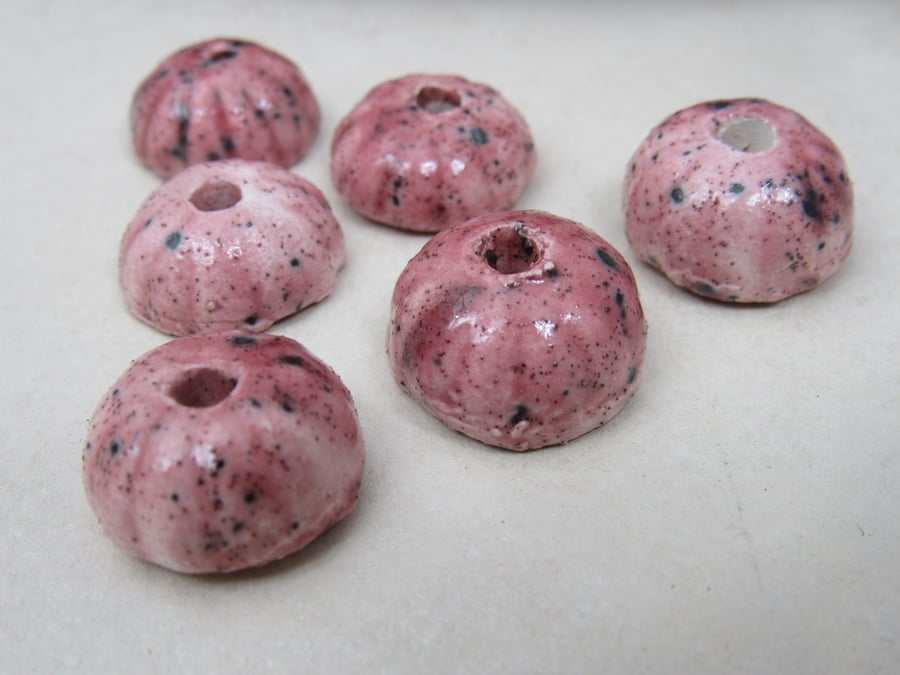 6 Small Light Speckled Rose Half-round Ceramic Flower Beads