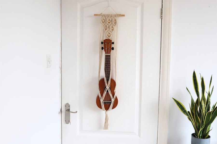 Ukulele Wall Mount Hanger, Beaded Ukulele Mount Bamboo Stand, Guitar Wall Mount,