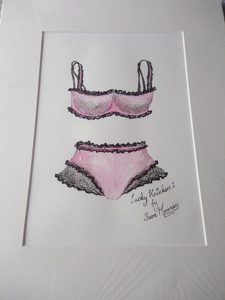 Pink and black bra and knickers watercolour painting