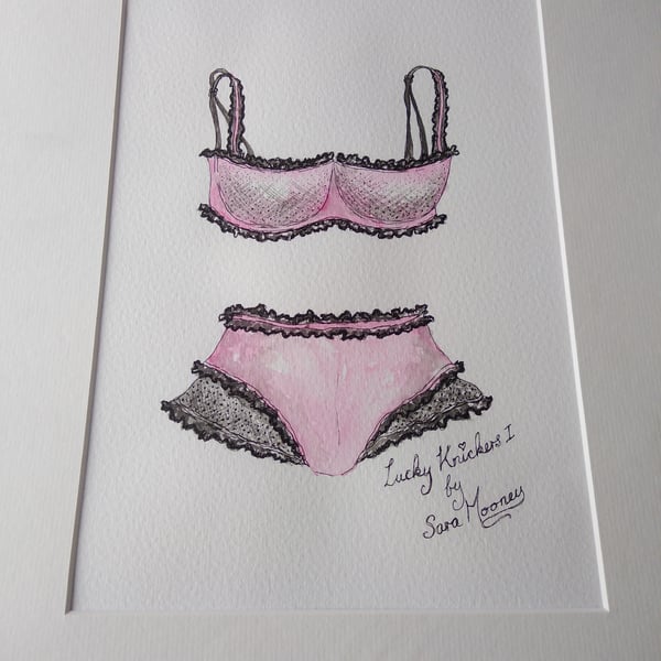 Pink and black bra and knickers watercolour painting