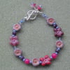 Deep Pinks Blue and Mauve Czech Glass Flower Braelet