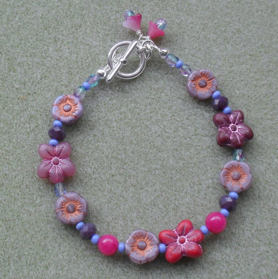 Deep Pinks Blue and Mauve Czech Glass Flower Braelet