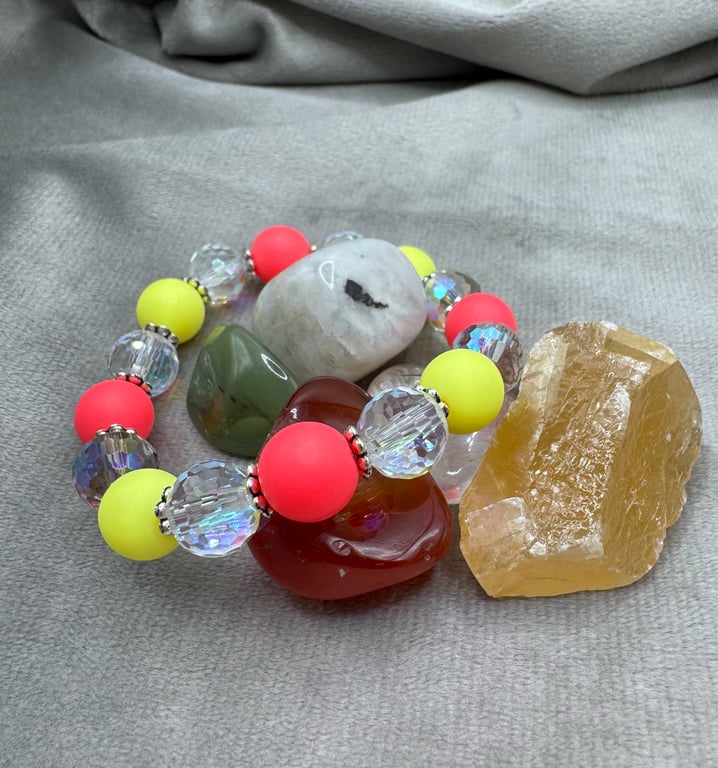 Neon Acrylic Beaded bracelet with crystals - Elasticated 6'' (Small)