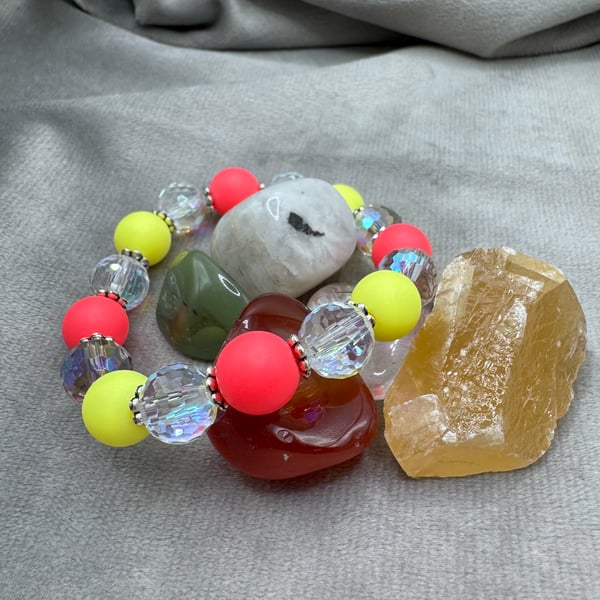 Neon Acrylic Beaded bracelet with crystals - Elasticated 6'' (Small)