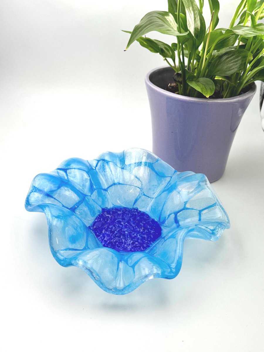 Handcrafted Fused Glass Cornflower Blue Flower Bowl - Blue with Cobalt Blue Cent