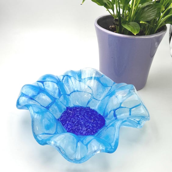 Handcrafted Fused Glass Cornflower Blue Flower Bowl - Blue with Cobalt Blue Cent