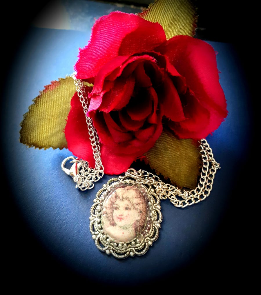 Vintage Girl Decoupaged Cameo pendant necklace 