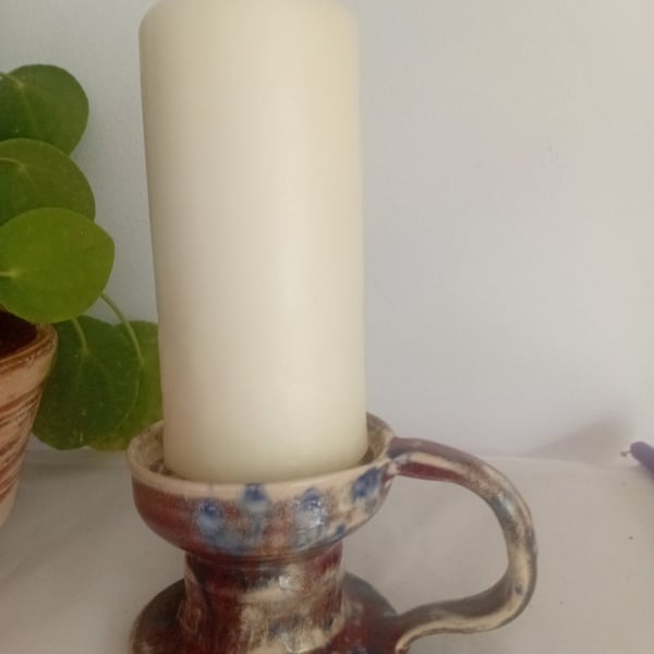 Pillar or church candleholder, red and blue, pottery hand made