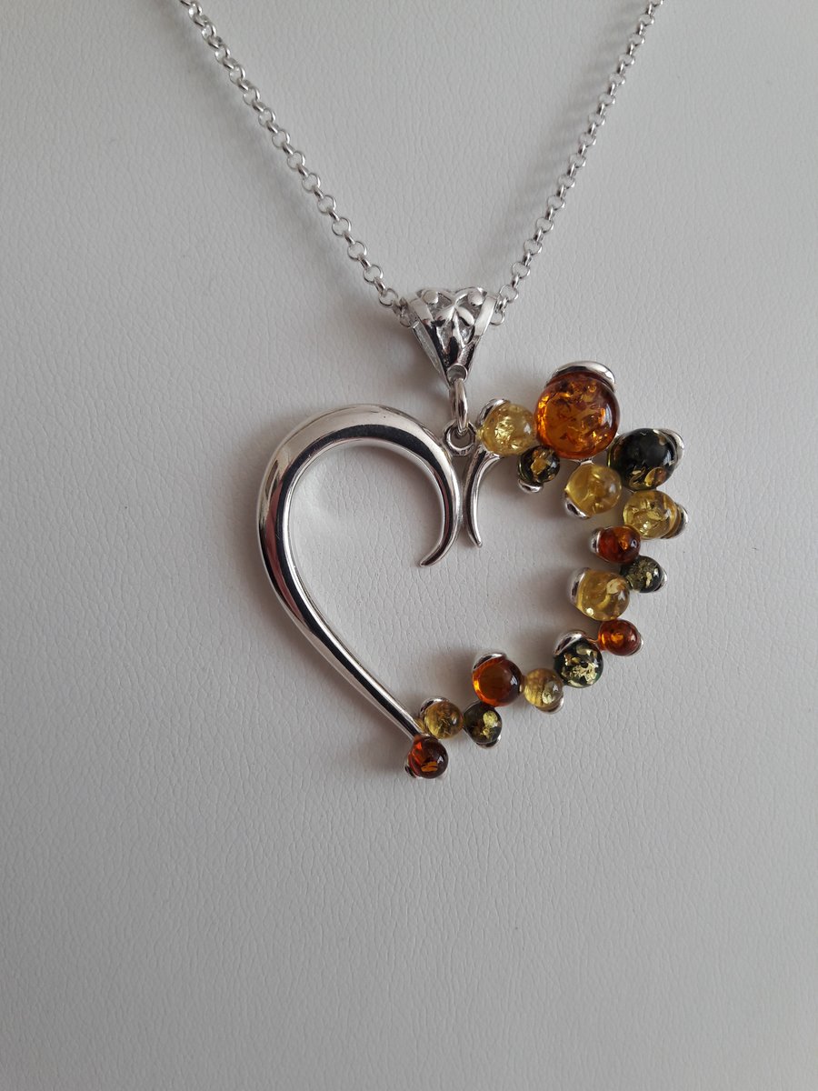 Amber Heart Necklace. Baltic Multi Colour Amber Necklace, Sterling Silver, Gift