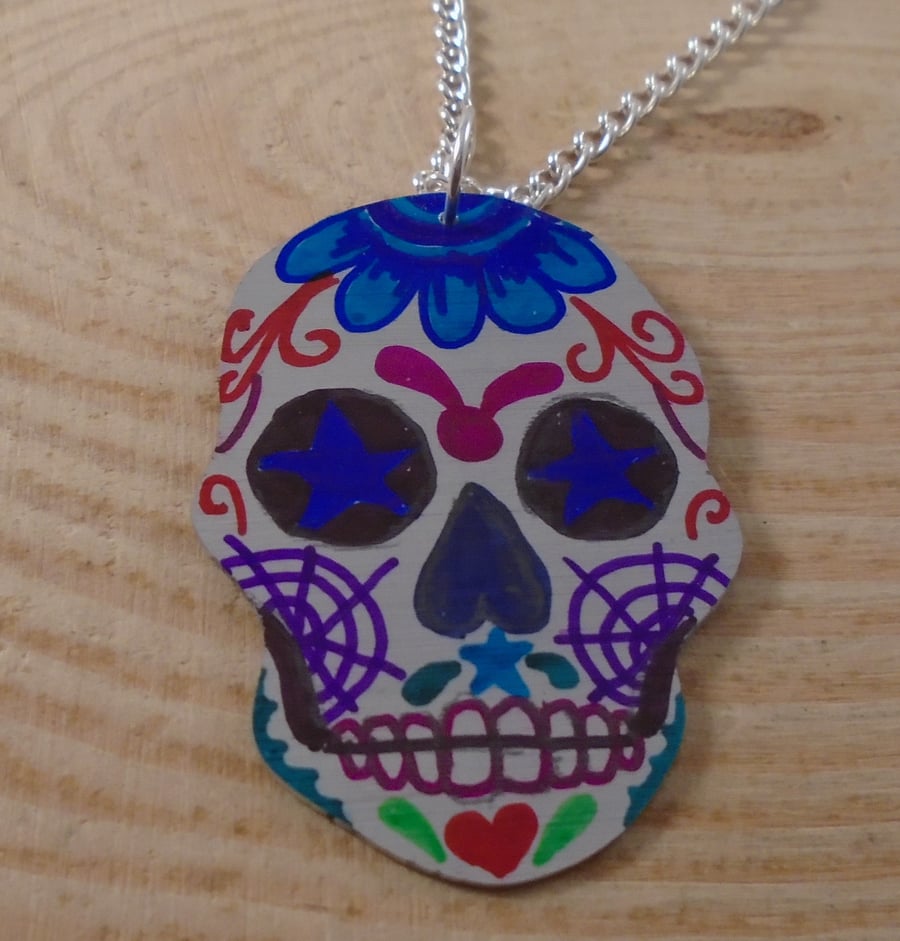 Anodised Aluminium Colourful Sugar Skull Necklace AAN111810
