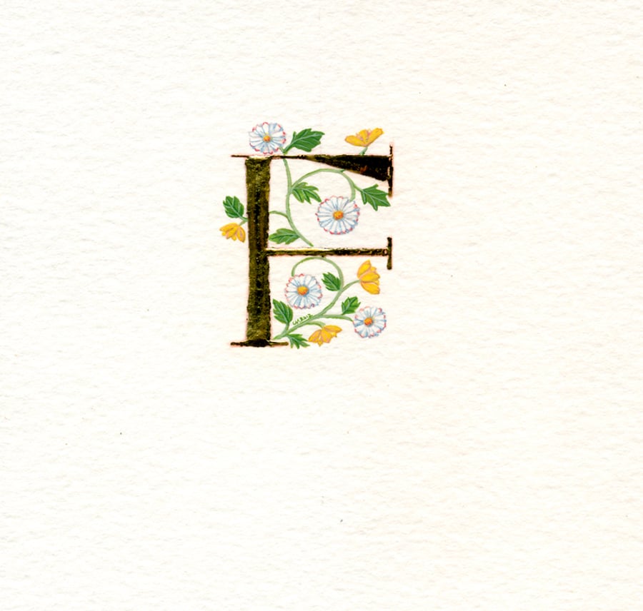 Initial letter 'F' in gold leaf with daisies and buttercups Special Birthday 