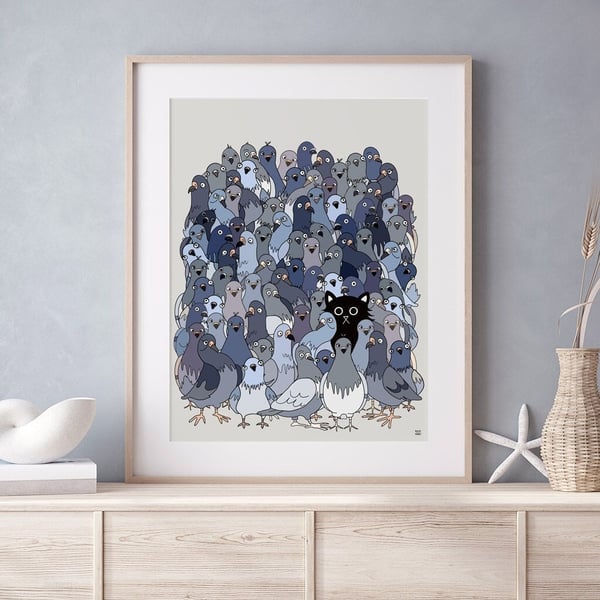 Cat Among The Pigeons 1 Wall Art Print , Funny Print, Pigeon Print, A4 Print