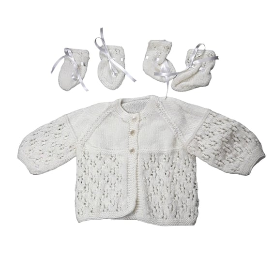 Cream baby matinee set hand knitted cardigan booties and mittens 