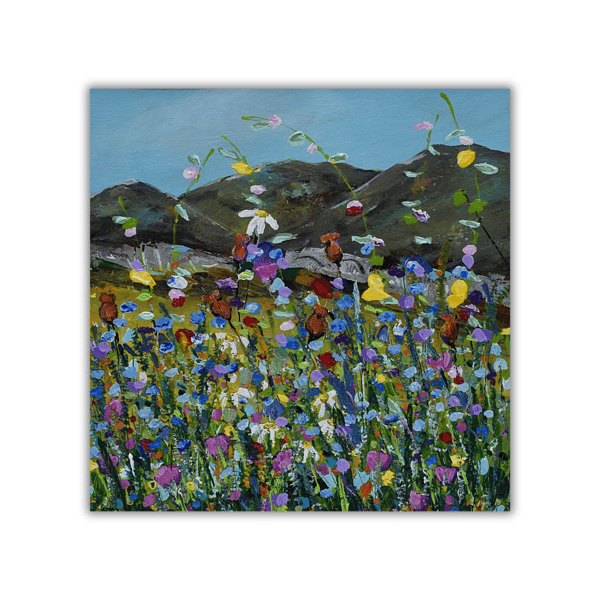 A mounted acrylic painting - Scottish landscape - wildflowers