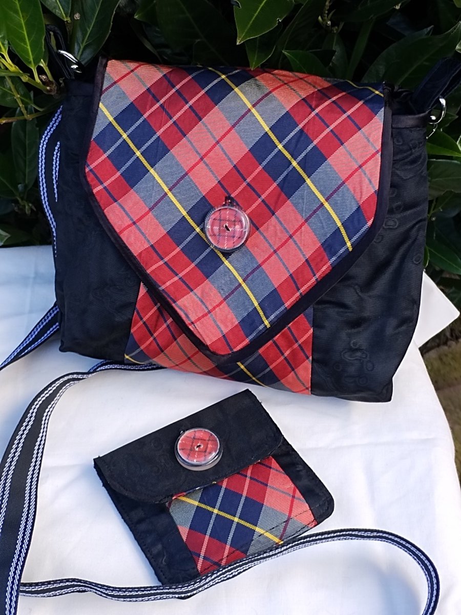 Repurposed Tartan Silk Tie Crossbody Bag with matching Purse 